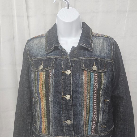 Hot Kiss Blue Denim Aztec Tapestry Jean Jacket Bohemian Southwestern Cropped L - Picture 2 of 11